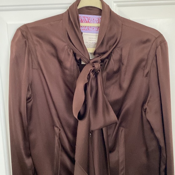 Tuleh 100% Silk Brown Blouse Corset Fit - Long Neck Tie Bow. Size 8
